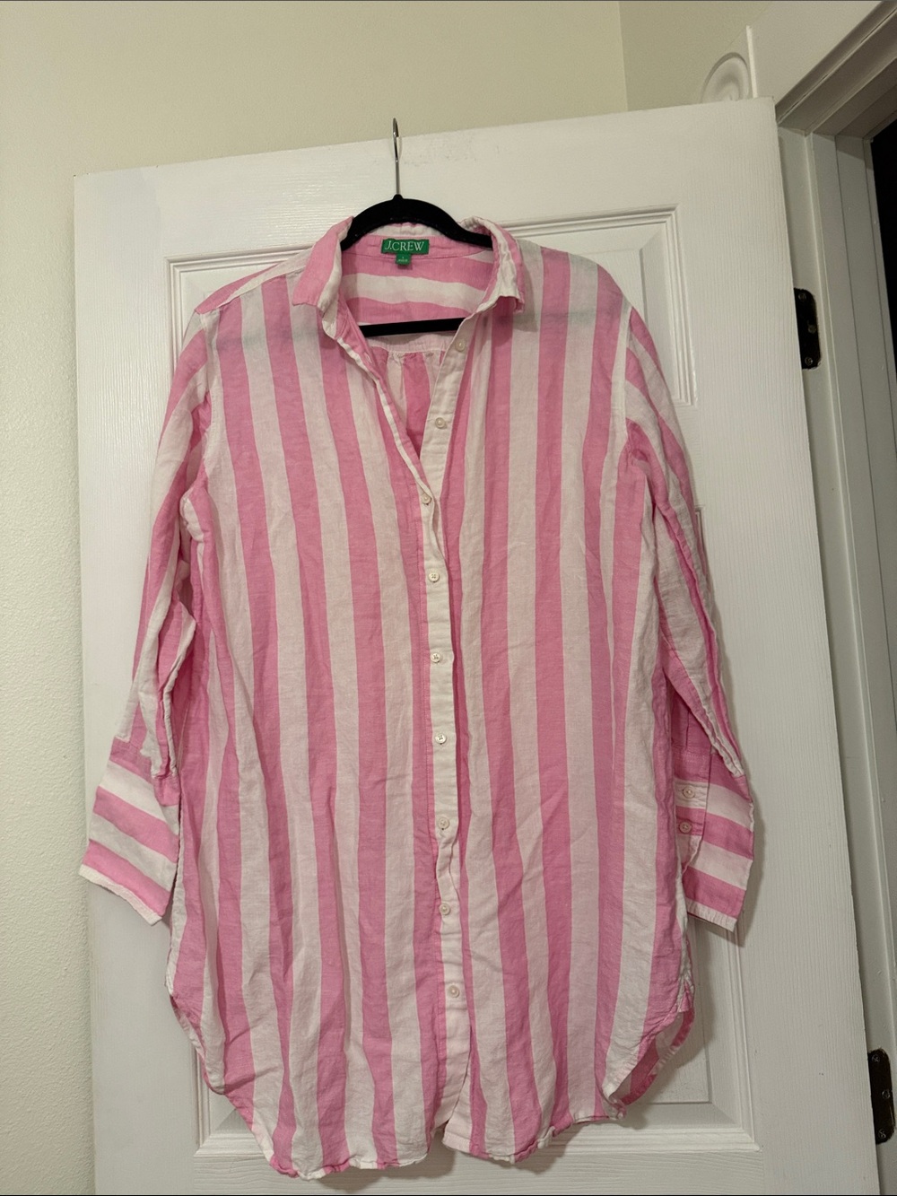 J. Crew Pink & White Vertical Stripe Button-Down Shirt Tunic Style